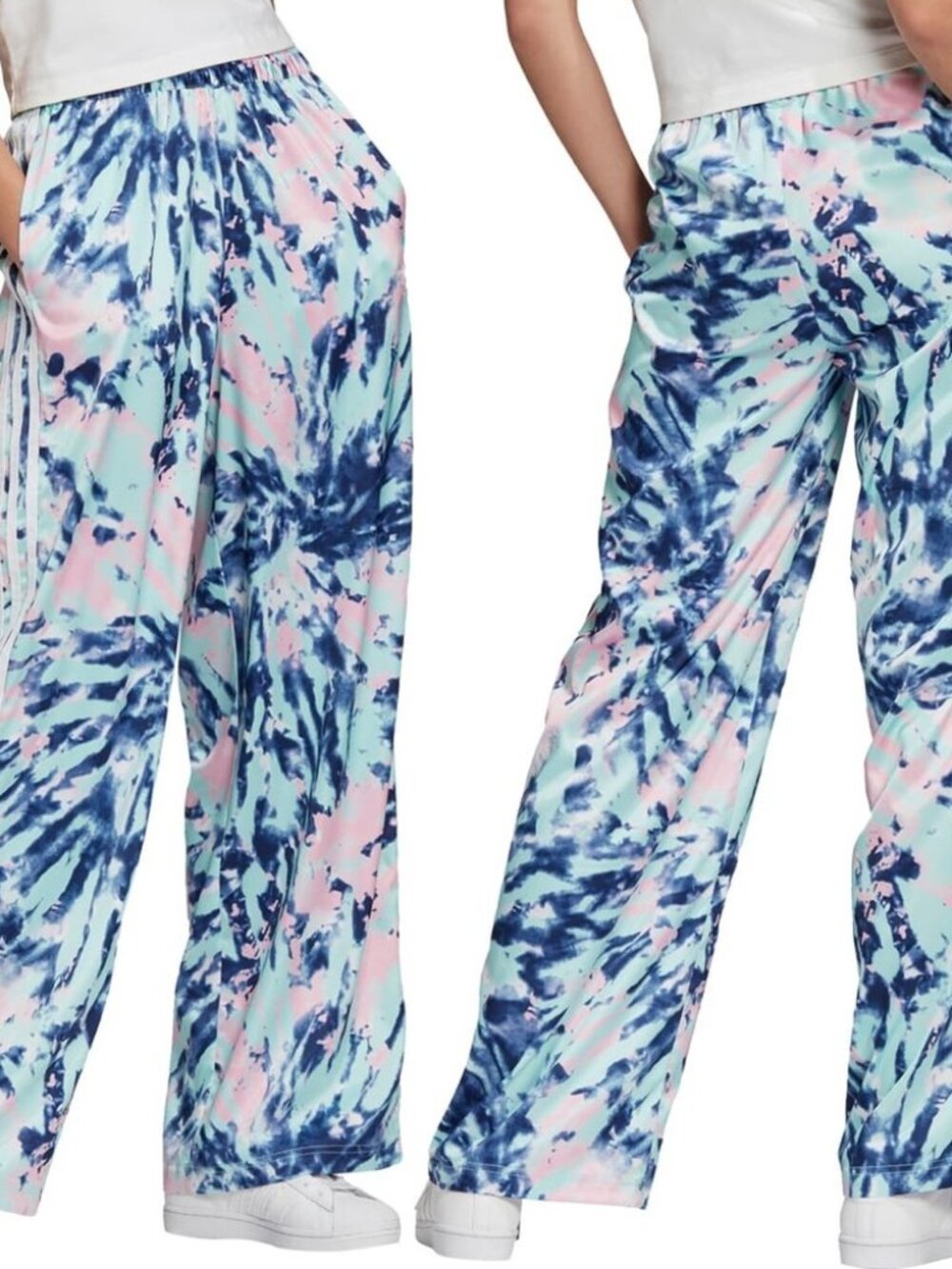 NWOT ADIDAS Satin Tie-dye Wide Leg Pants 3 stripes in Pastel Blues / Pinks ~ XL